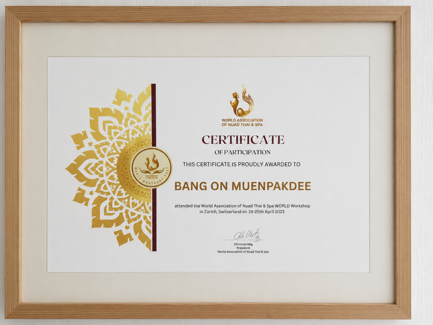 Zertifikat der World Association of Nuad Thai & Spa für Bang On Muenpakdee